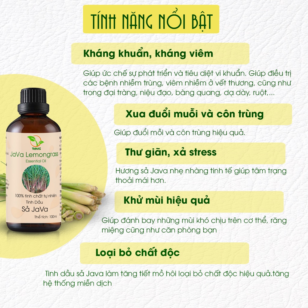 Tinh dầu Sả Java nguyên chất 100ml khử mùi, kháng khuẩn, đuổi muỗi và côn trùng, an toàn cho cả mẹ bầu và trẻ nhỏ.