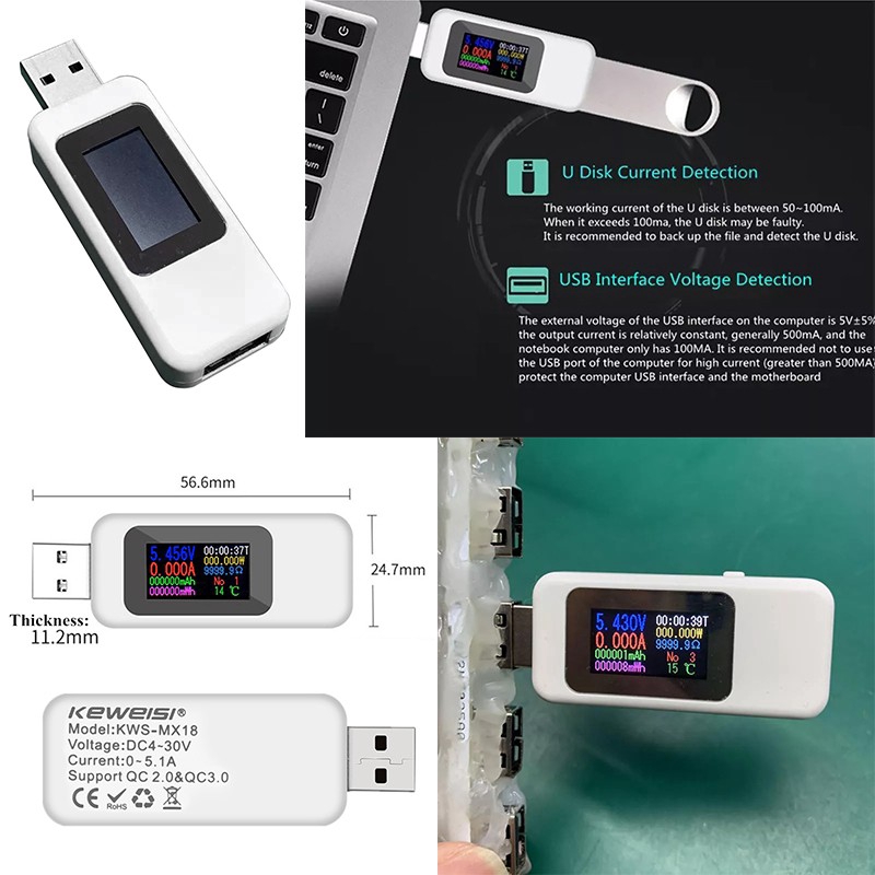 Màn hình màu 10 trong 1 Máy kiểm tra USB 0-5A Điện áp DC 4-30V Bộ sạc USB Máy đo điện Máy đo điện di động Máy dò pin