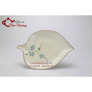 Đĩa lá trầu men kem hoa đào vẽ tay_bộ đồ ăn Bát Tràng