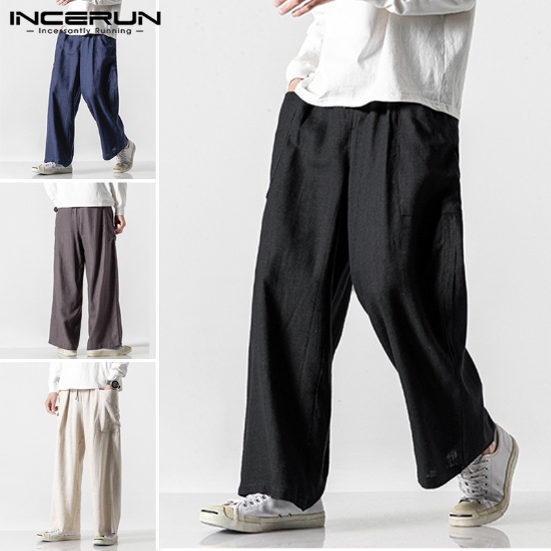 INCERUN Quần cotton linen màu trơn phong cách cổ điển dành cho nam