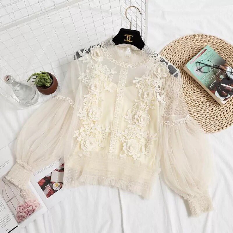 Áo ren lưới tay bồng 2 lớp kèm áo lót siêu phẩm tiểu thư thanh lịch,shop restock mãi vẫn thịnh hành