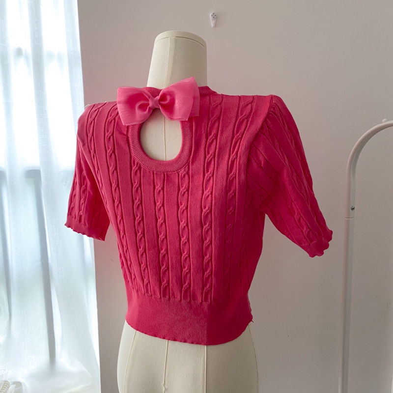 Áo Dệt Kim Tay Ngắn Dáng Ôm Thắt Nơ Thời Trang Mùa Hè Cho Nữ