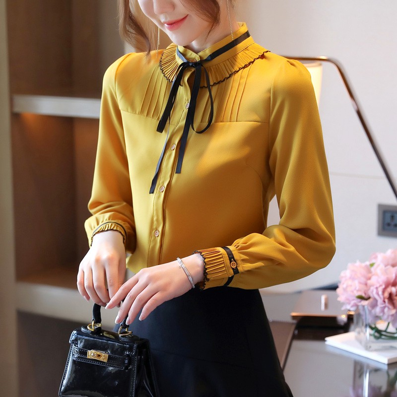 Áo Kiểu Chất Chiffon Tay Dài Thiết Kế Thanh Lịch Phong Cách Công Sở