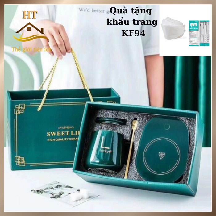 Cốc hâm nóng LUCKY cốc pha trà bằng sứ kèm đế đun siêu đẹp cốc giữ ấm cốc giữ nhiệt cốc pha cafe làm quà tặng