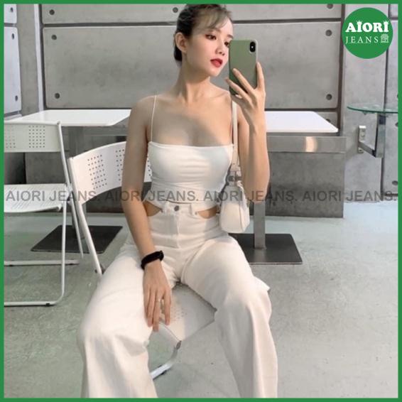 Quần Jeans Nữ Ống Rộng Aiori Cạp Cao Lưng Kiểu Khoét Eo Màu Trắng_Mã 3345