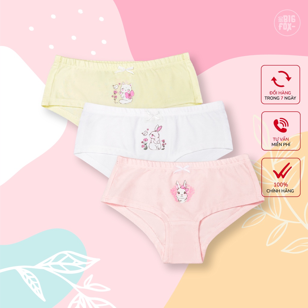 Set 3 quần chip tam giác MISSMEOW cho bé gái, quần lót chất cotton mềm mịn cho bé 10-36kg, size đại in thỏ dễ thương