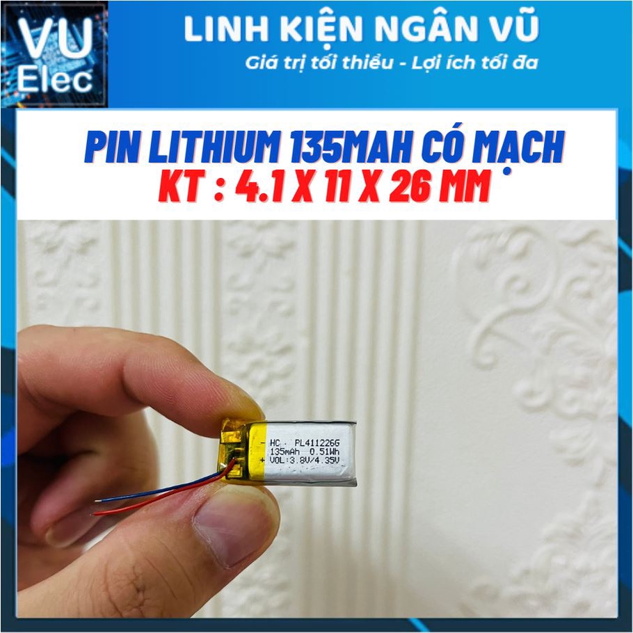 Pin Li-Po 3.7V 411126 135mAh (Lithium Polyme) cho tai nghe Bluetooth, máy nghe nhạc, phao câu cá