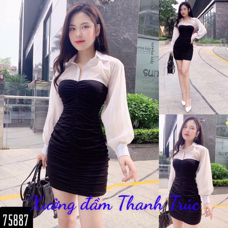Đầm sơmi body thân nhún phối voan M/L/XL/2XL