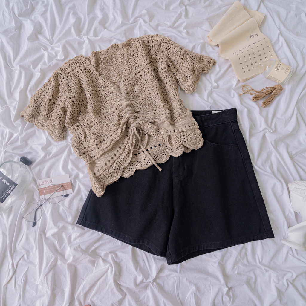 LEEVA - Áo croptop len dây rút ngắn tay mùa hè nhẹ nhàng A234