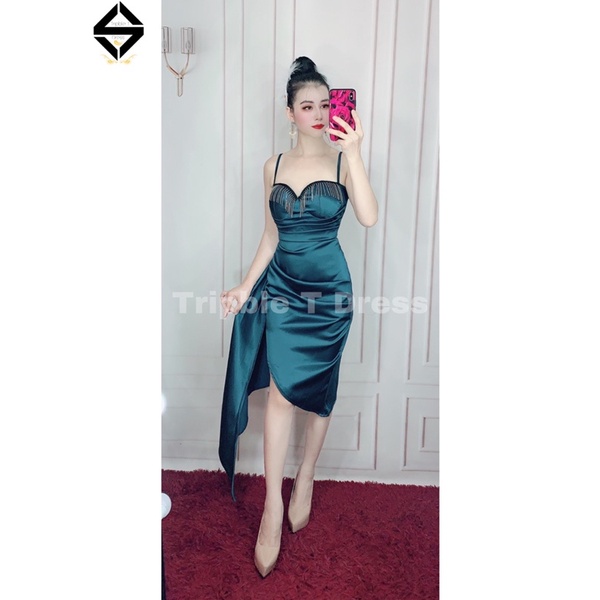 Đầm body phi thun lụa phối tua rua TRIPBLE T DRESS - Free size dưới 56kg