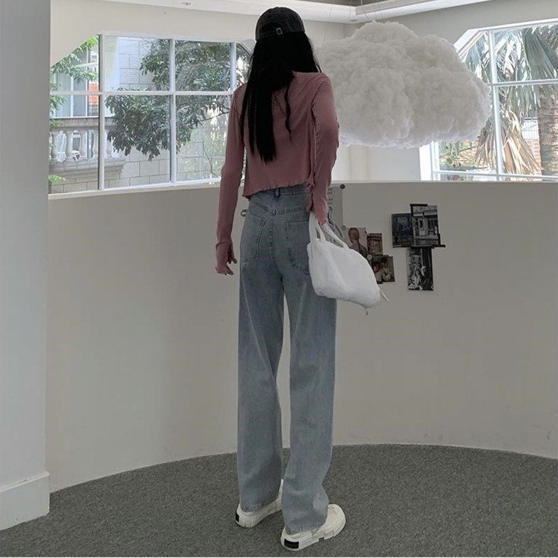Quần jean nữ SUXI ống rộng lưng cao màu trơn thời trang