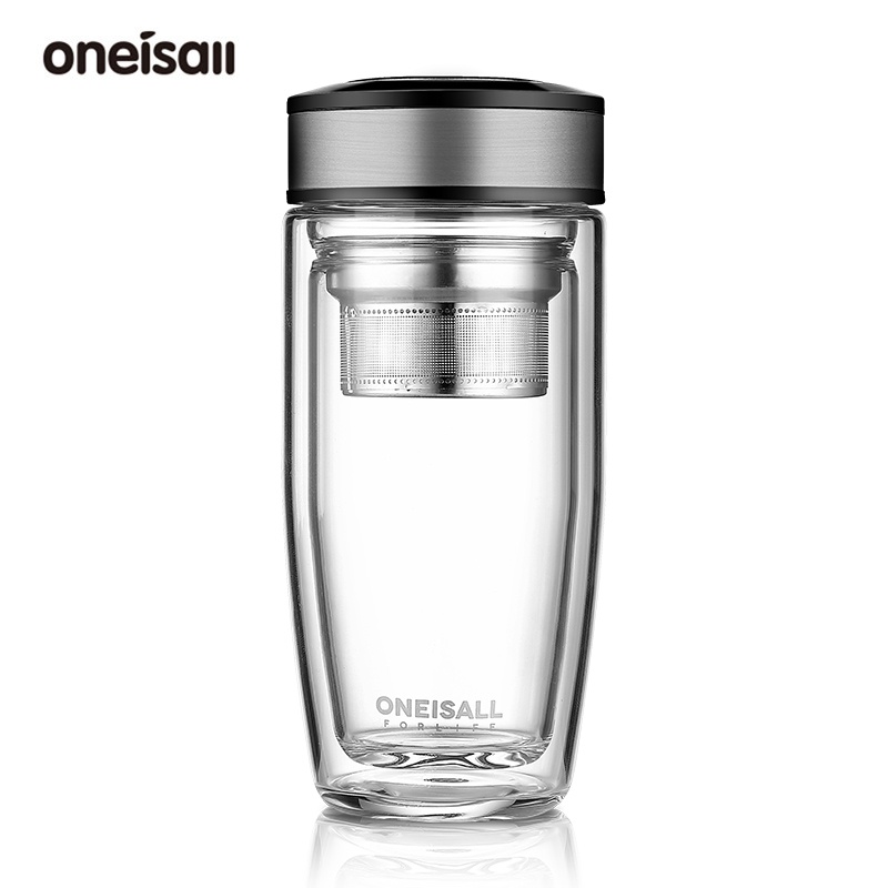 Bình nước ONEISALL bằng thủy tinh 2 lớp chịu nhiệt kèm bộ lọc tiện lợi cho kinh doanh/du lịch 380ml