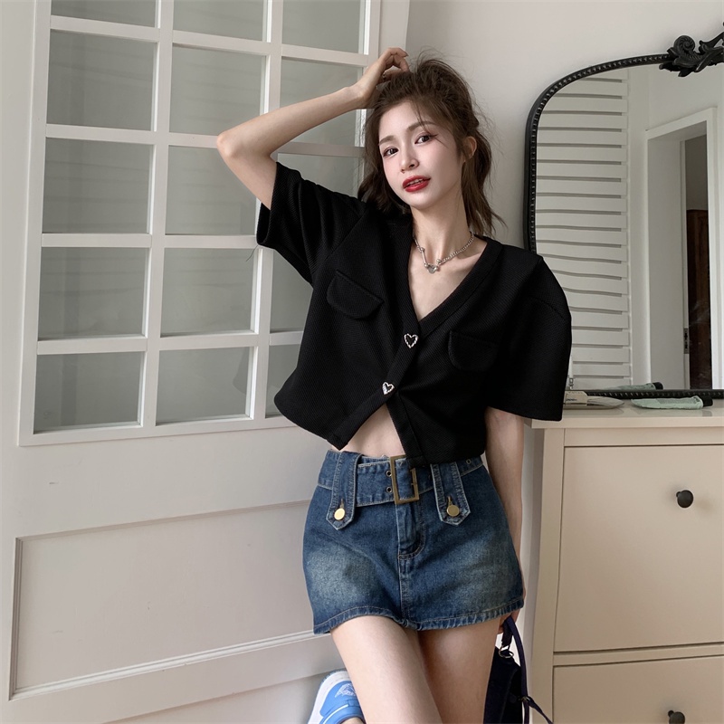 QADCOL  Áo Kiểu Tay Ngắn Phồng Cổ Chữ V Phong Cách Pháp