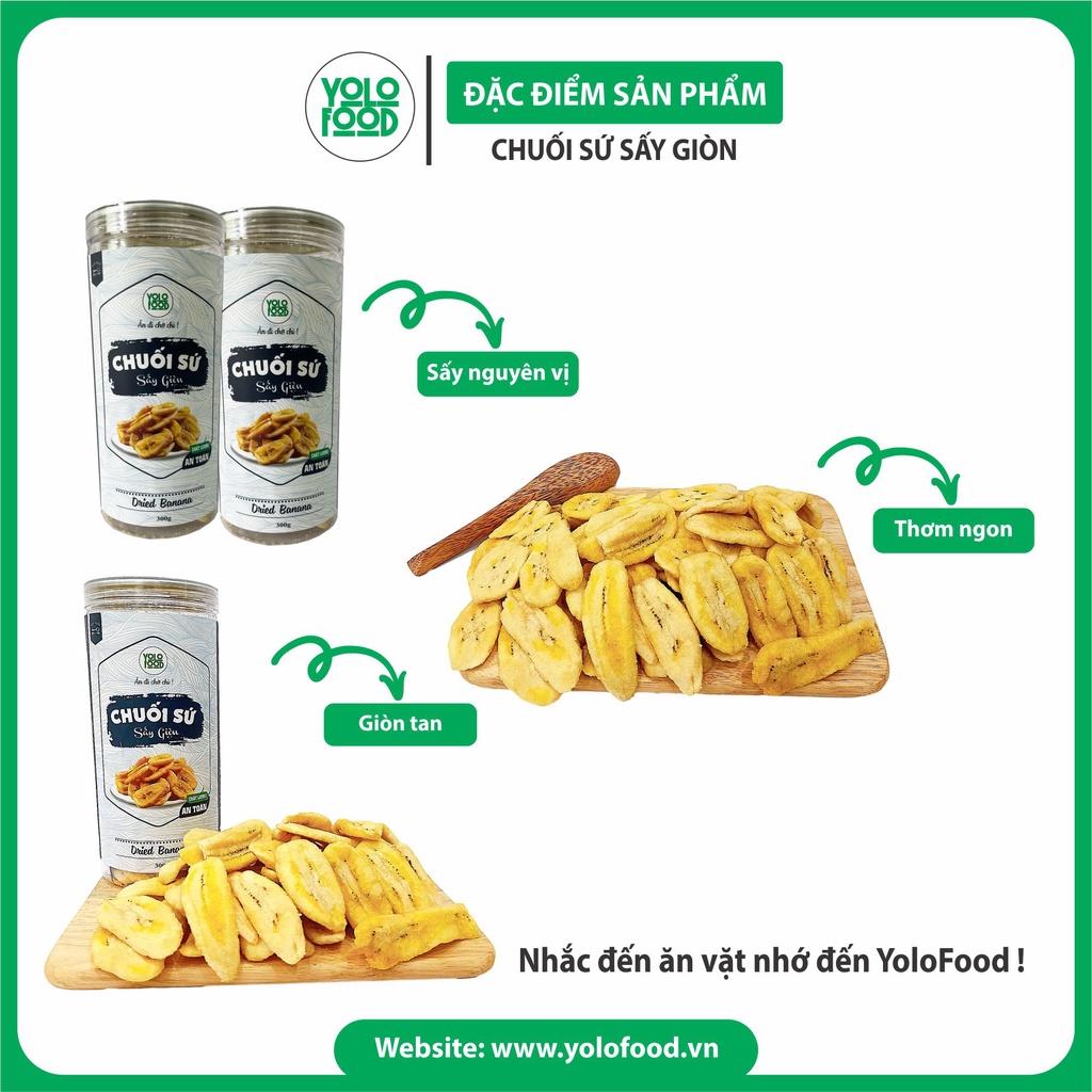 Chuối sấy giòn 300g YOLOFOOD đồ ăn vặt chất lượng chuối sấy không đường vị ngọt tự nhiên thơm ngon đóng hộp atvstp