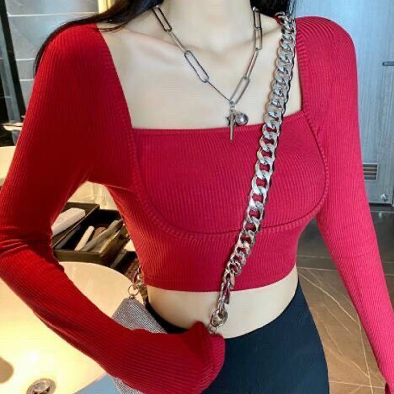Áo croptop cổ vuông nhấn viền ngực tay dài siêu xinh phong cách Hàn Quốc co dãn tốt, áo croptop đẹp