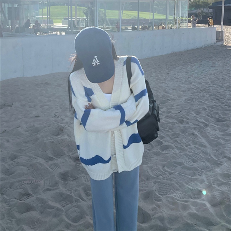 Hàng Sẵn_ Áo khoác len nữ dệt kim kẻ sọc phong cách hàn Hadu shop