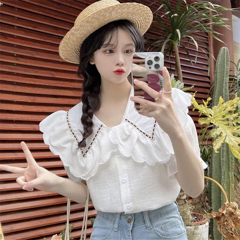 Áo Sơ Mi Trắng Tay Ngắn Cổ Búp Bê Phong Cách Pháp Dành Cho Nữ