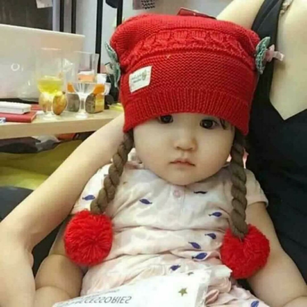 Mũ len tóc giả đuôi sam cho bé gái 0-3 tuổi