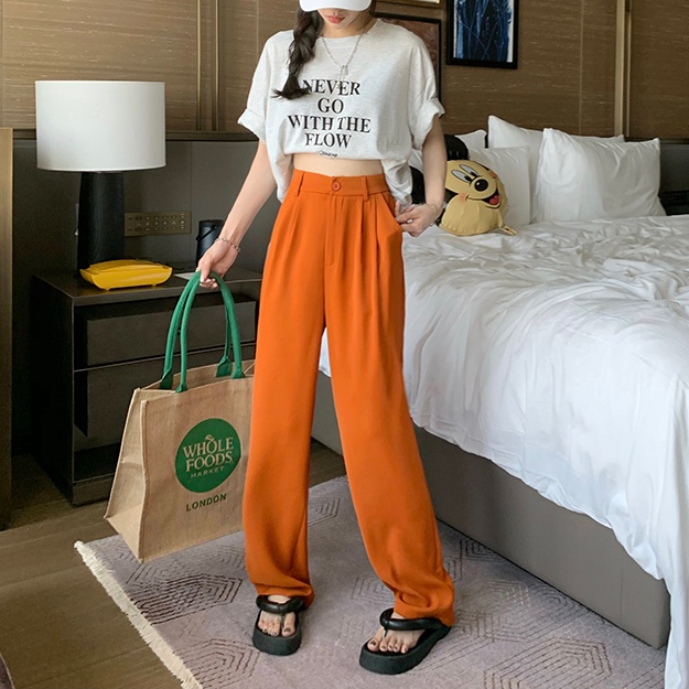 SUXI Quần ống rộng Lưng Cao Co Giãn Màu Sắc Đơn Giản Thời Trang Mùa Hè Cho Nữ