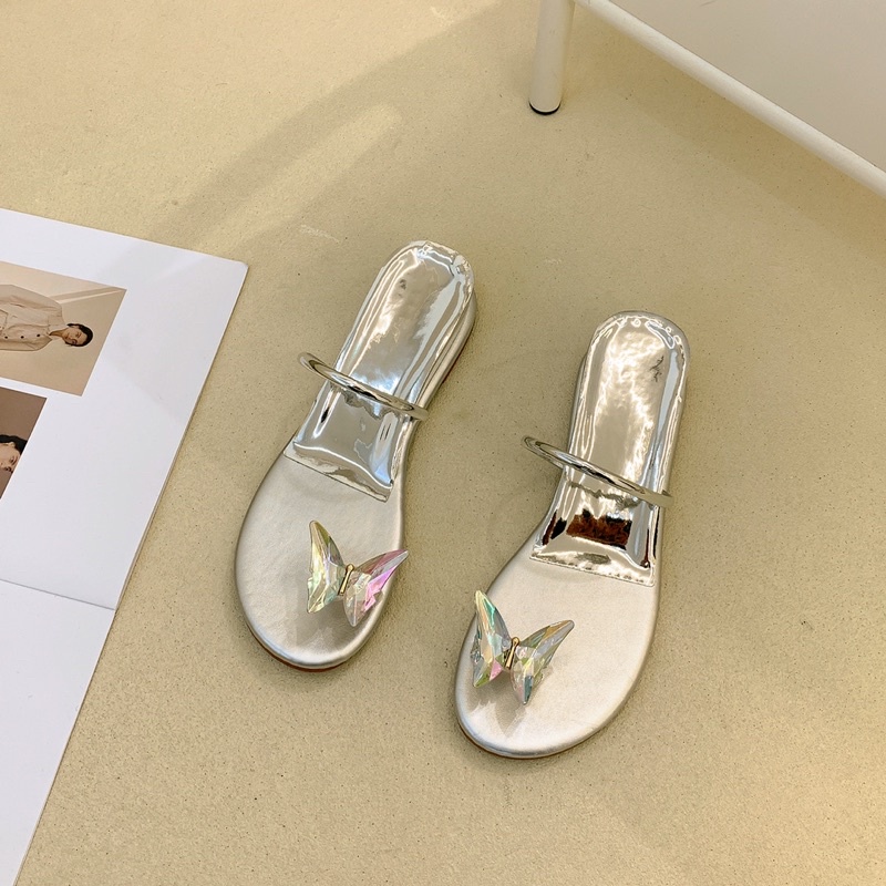 Urihouse - Dép xỏ ngón quai ngang mảnh màu bạc đế cao 3p đính đá lấp lánh