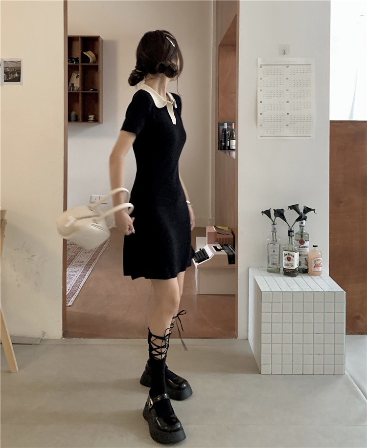 Đầm Dệt Kim Màu Đen Cổ POLO Phong Cách Hàn Quốc Thời Trang Mùa Hè 54268