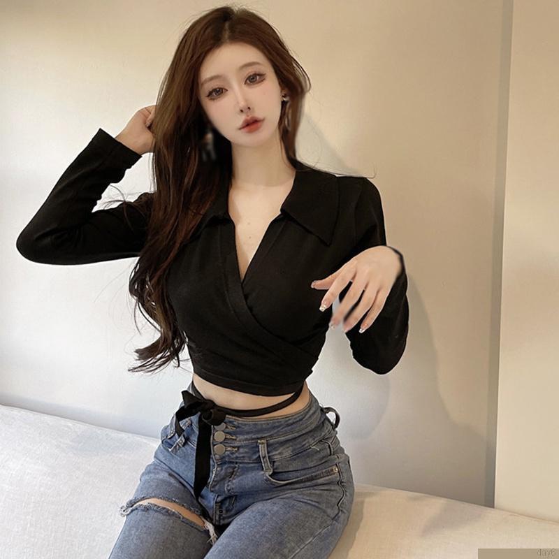 Áo croptop dệt kim dài tay cổ bẻ khoét sâu có dây cột nơ ở eo ôm dáng thời trang quyến rũ