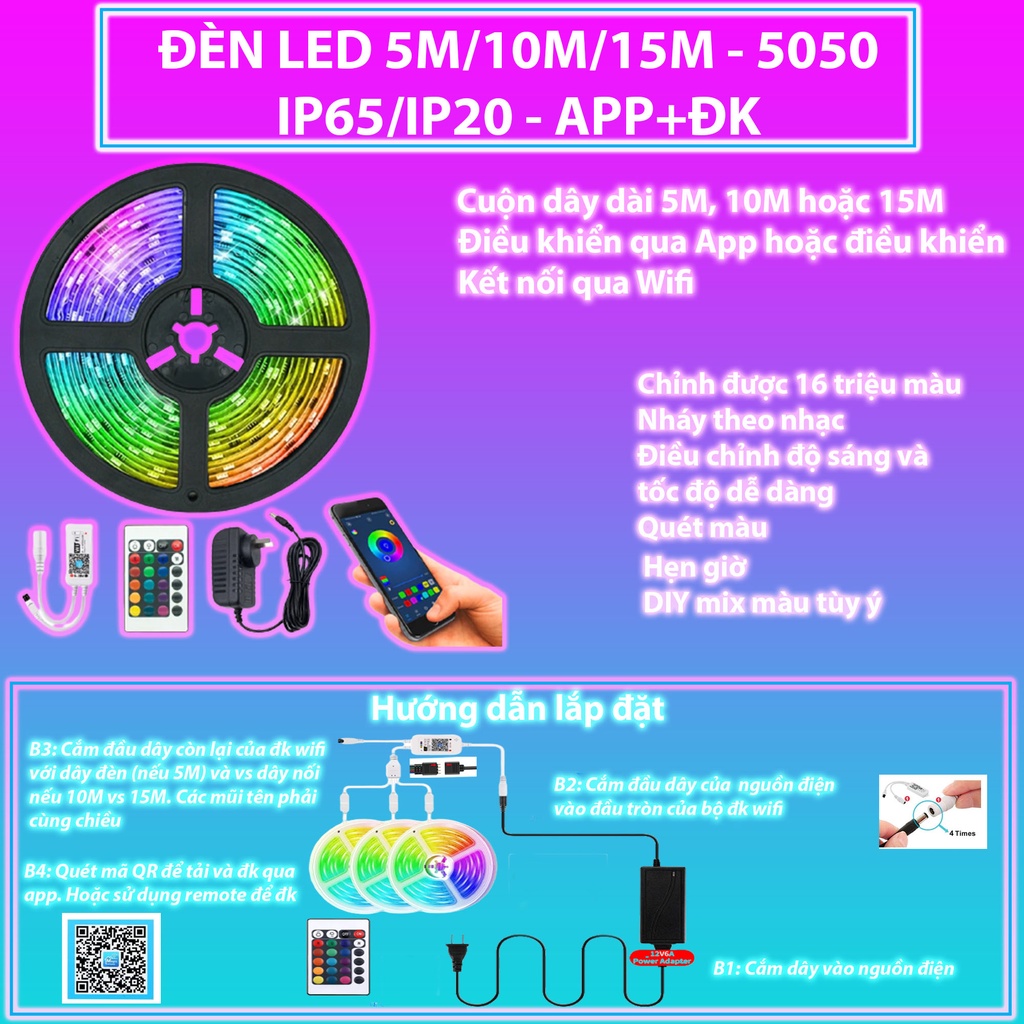 Đèn Led 5/10m Led Nháy Theo Nhạc Cảm Âm 2 Chế Độ Dùng App Bluetooth Và