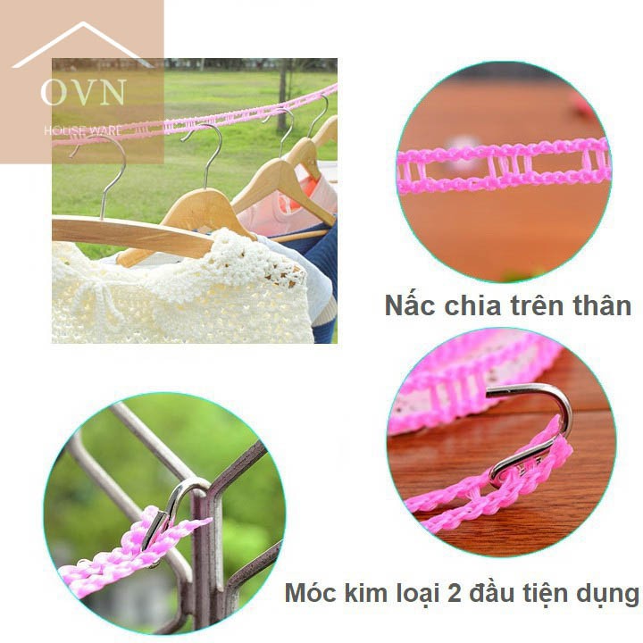 Dây phơi đồ thông minh dây phơi quần áo có lỗ móc không sợ rơi, bay quần áo OVN