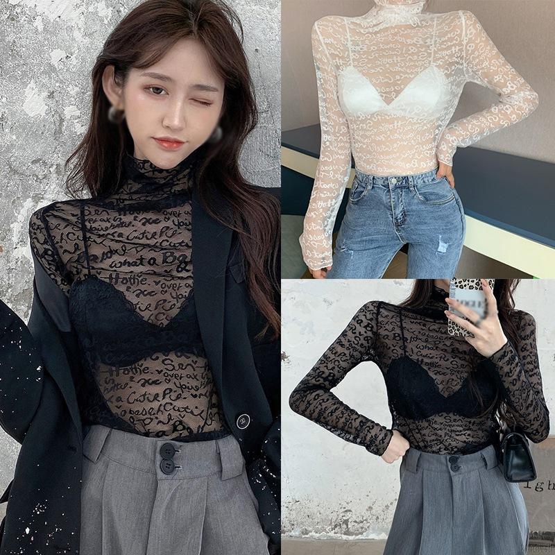 Áo lưới xuyên thấu dài tay cổ cao gợi cảm dành cho nữ