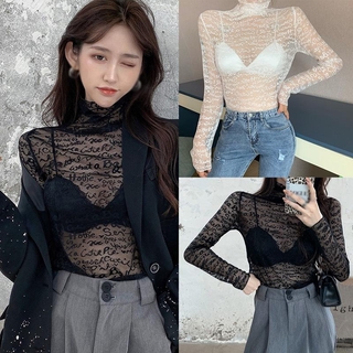 Áo lưới xuyên thấu dài tay cổ cao gợi cảm dành cho nữ