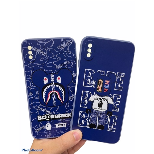 Ốp Silicon hình Gấu Bearbrick LEVIS viền vuông cho iPhone 6 đến 12 pro max