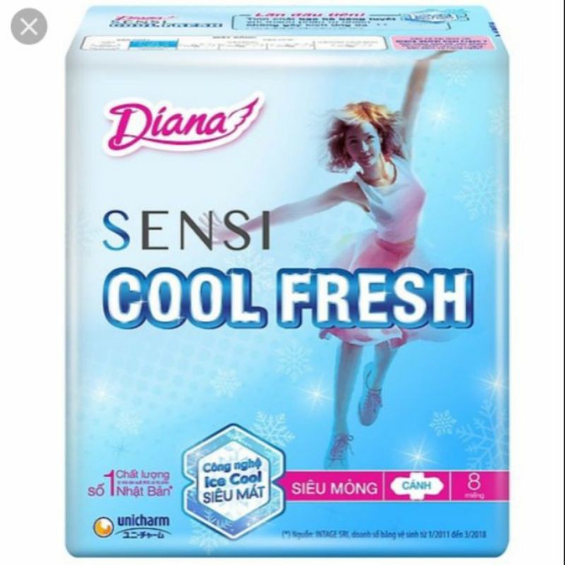 ( Combo 6 gói)  BVS Diana Cool Fresh Siêu Mỏng Cánh - Băng Vệ Sinh Diana SenSi Cool Fresh Siêu Mỏng Cánh 8 Miếng/Gói