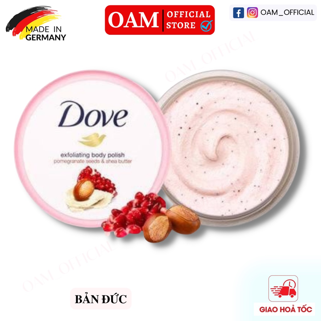 Kem Tẩy Da Chết Dove 225g giúp tẩy tế bào chết chăm sóc da chiết xuất bơ hạt mỡ và hạt lựu