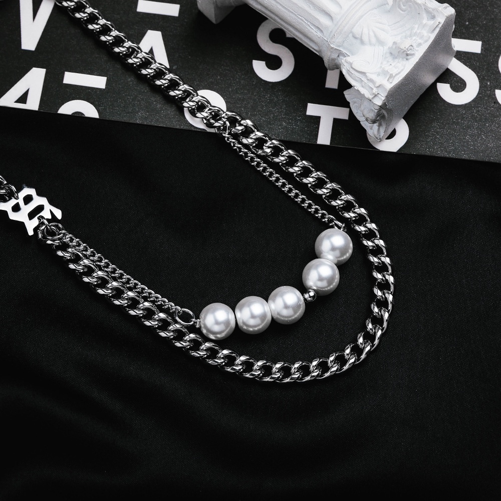 Dây chuyền hai lớp đính ngọc trai giả phong cách hip hop xu hướng 19A1120