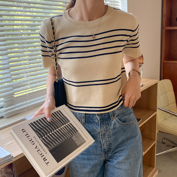 Áo thun dệt kim tay ngắn kẻ sọc phong cách mới thời trang cho nữ 43173