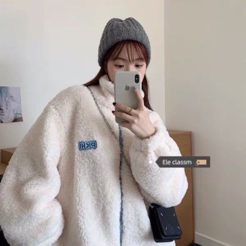 Áo Khoác Nỉ Bông Lông Cừu Quảng Châu Thêu Chữ PICHI Chất Dày Dặn Form Rộng Freesize, Áo Khoác Nam Nữ Unisex Hàn Quốc