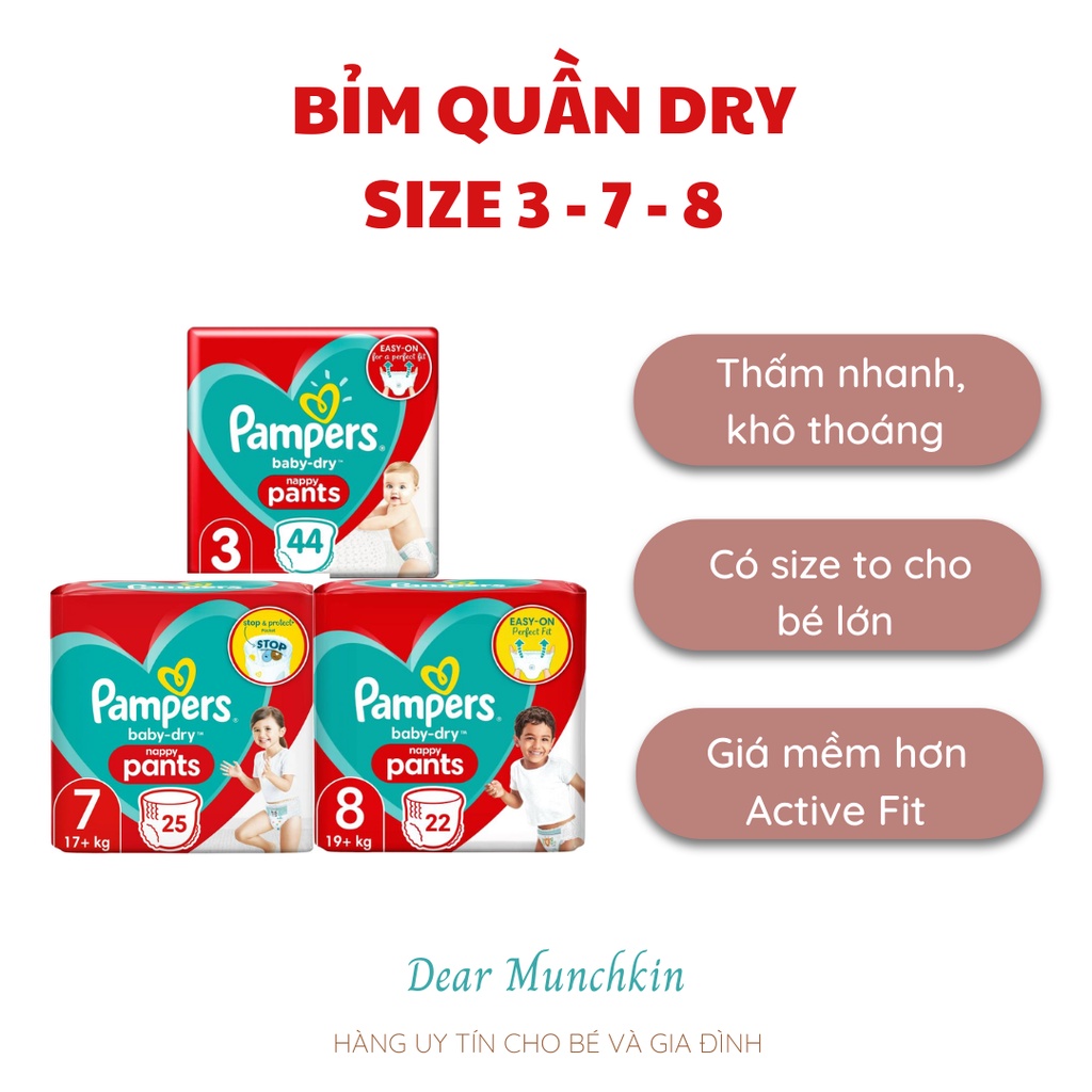 Bỉm quần Pampers Baby Dry hàng UK chính hãng size 3, 7, 8 (44m)