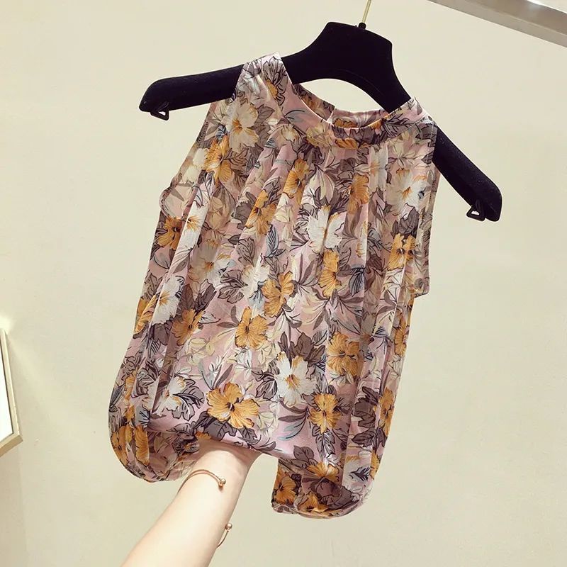 Áo Sơ Mi Chiffon Sát Nách Dáng Rộng In Hoa Thời Trang Mùa Hè Hàn Quốc Cổ Điển Dành Cho Nữ