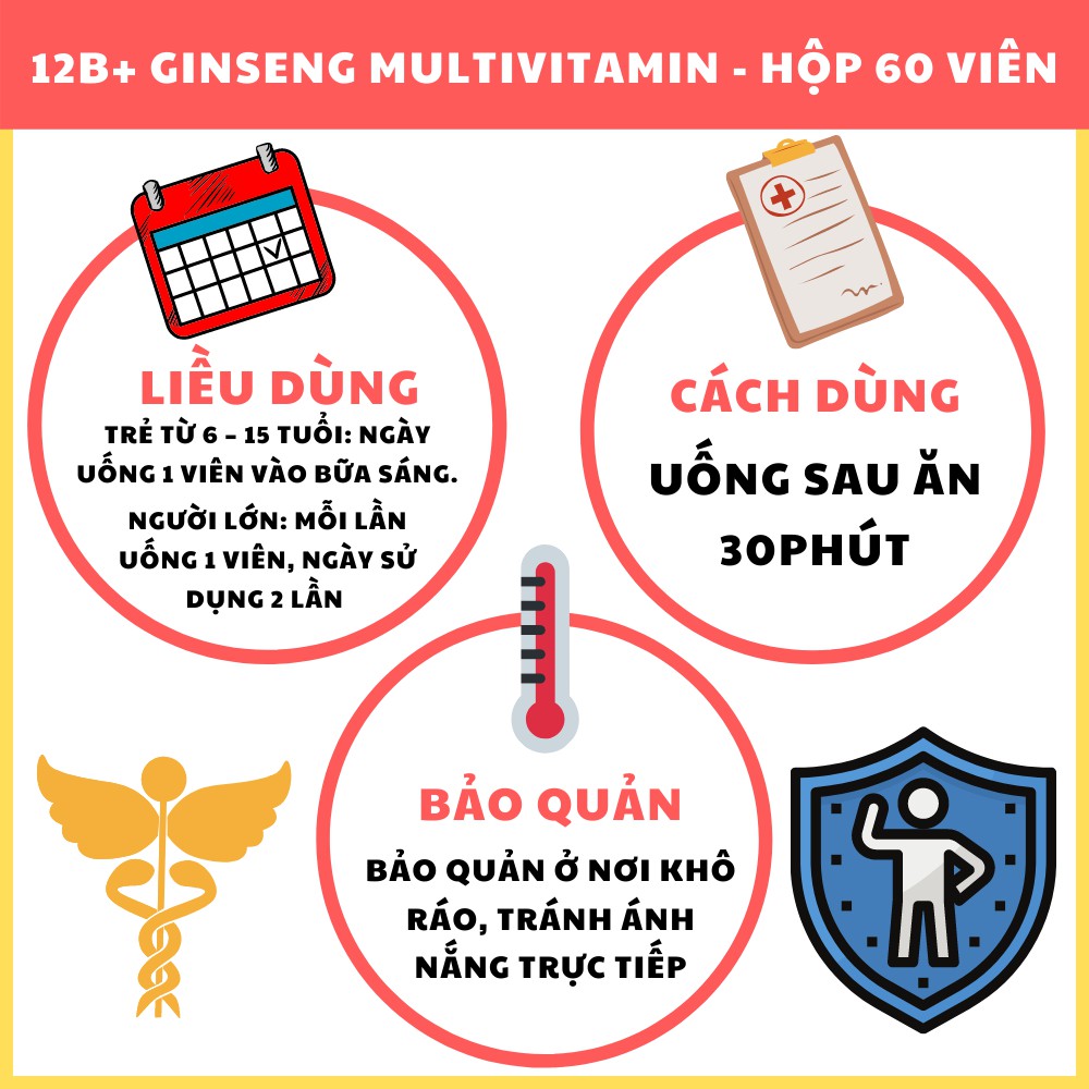 12B+ Ginseng Multivitamin - Bổ sung vitamin và dưỡng chất, Giúp bồi bổ sức khỏe, Nâng cao sức đề kháng (Hộp 60 viên)