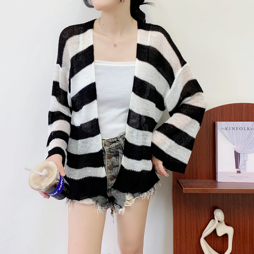 SUXI Áo Sơ Mi Dệt Kim Dáng Rộng Họa Tiết Kẻ Sọc Thời Trang Mùa Hè Phong Cách Vintage Cho Nữ