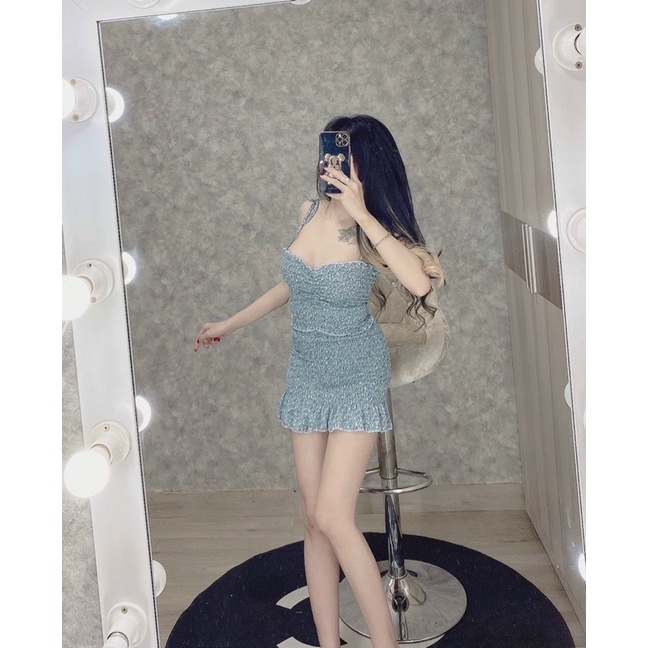 Set chân váy hoa nhí nhúng 2 dây cột vai siêu hót-hình thật.