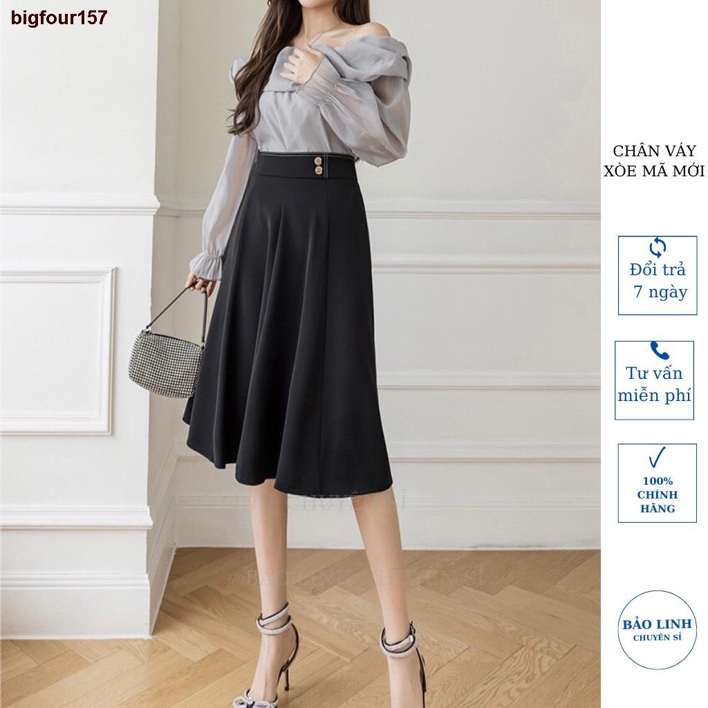 ❧bigfour157Chân váy xòe dài qua gối công sở phối 2 cúc mã mới lưng cao che bụng cực đẹp dáng chữ A