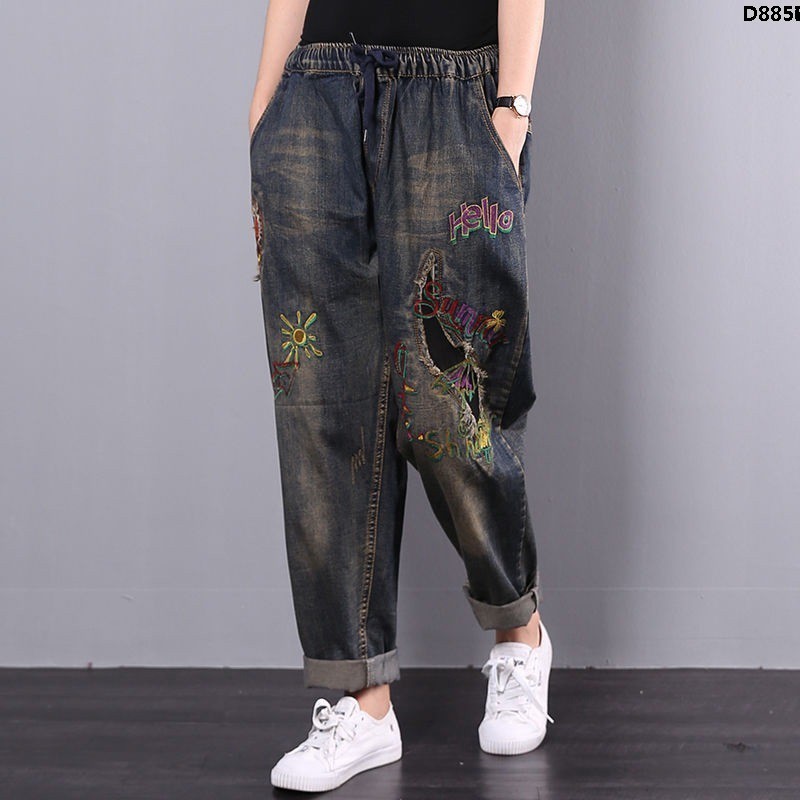 Quần Jeans Ống Rộng Lưng Cao Thêu Họa Tiết Thổ Cẩm Thời Trang