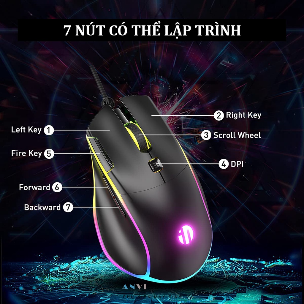 Chuột chơi game có dây INPHIC PW8 - 7 Nút Marcro - Đèn Nền LED RGB rực rỡ - 7200 DPI với 6 cấp độ tùy chỉnh
