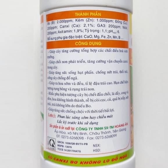 Siêu Canxi Bo chống thối và nứt trái (chai 500ml), phân bón giúp đậu trái chống rụng trái non