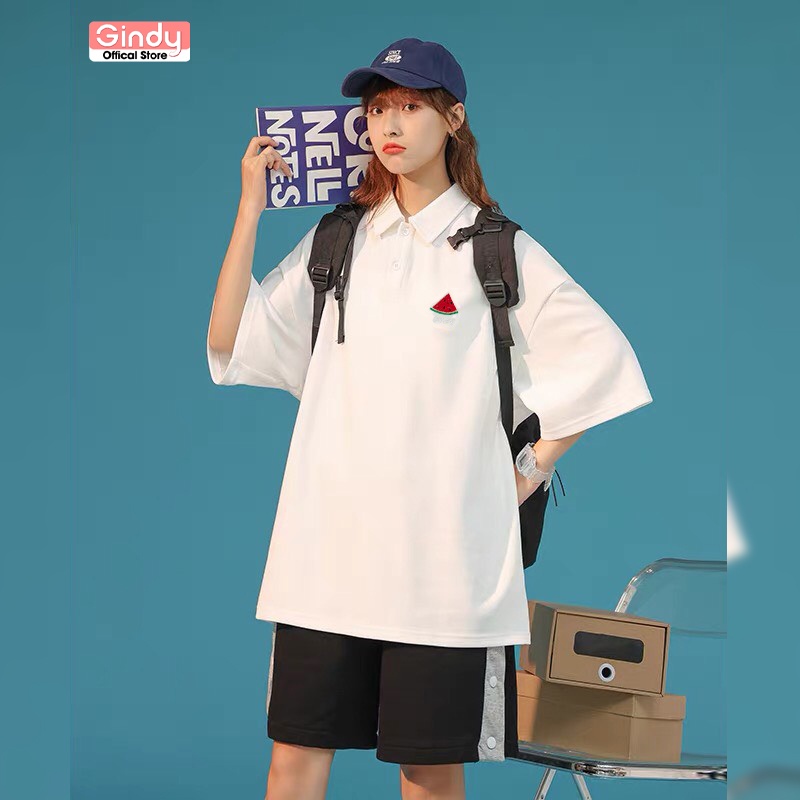 Áo phông thun nữ polo GINDY họa tiết hoa trái cây cổ bẻ cotton tay lỡ form rộng unisex basic vải cotton thoáng mát A012