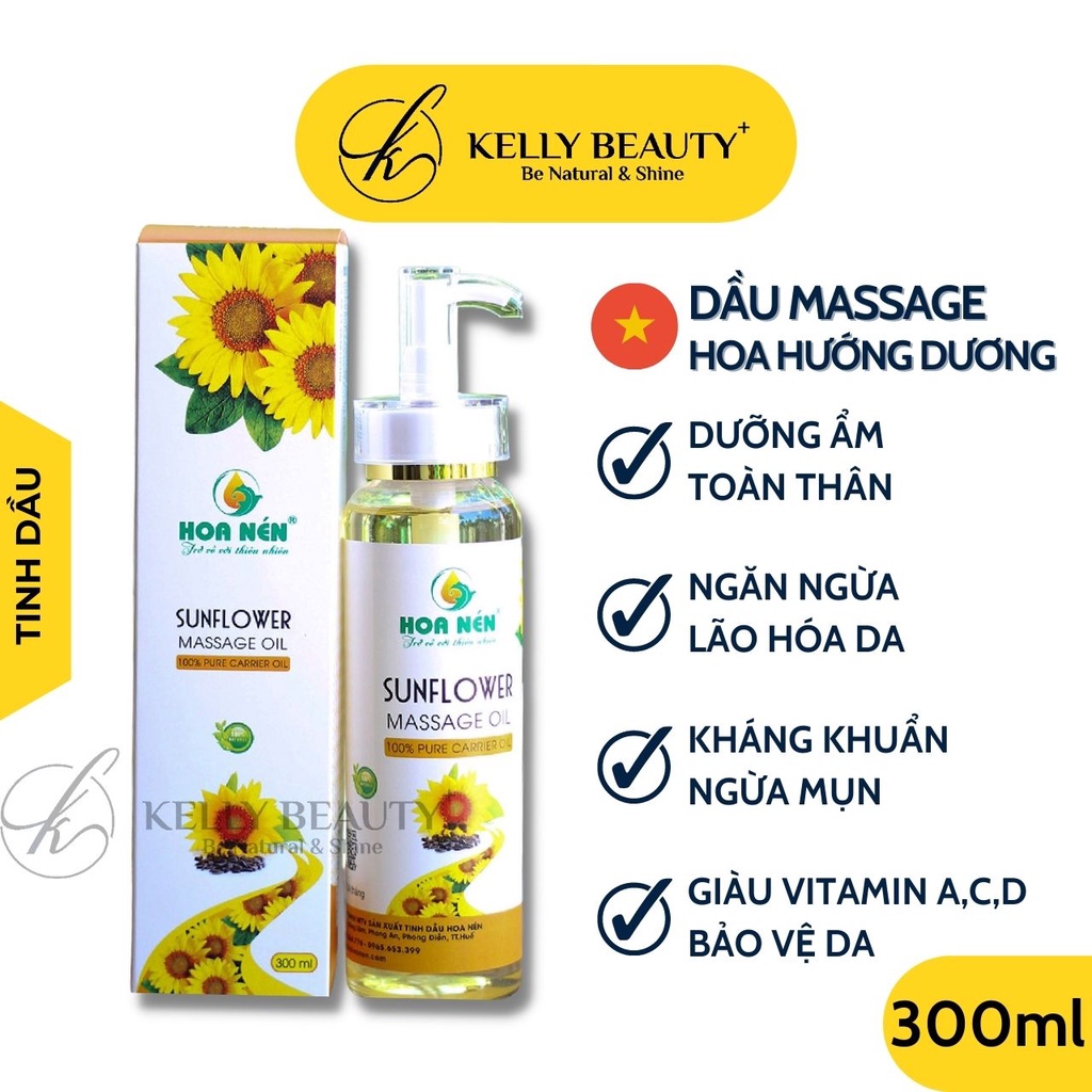 Dầu Massage Hoa Hướng Dương HOA NÉN 300ml - Giữ ẩm da, chống nắng, dưỡng tóc, giảm gãy rụng | KELLY BEAUTY