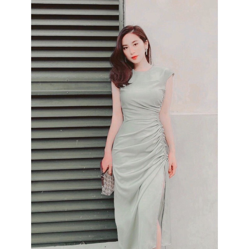 ⚡️LỤA XỊN⚡️Đầm lụa xanh trơn rút dây xẻ