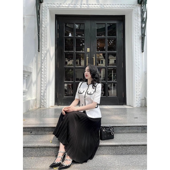 NKN Design - Áo Khoác Dạ Tweed Nữ Và Chân Váy Chữ A, Màu Trắng Amy