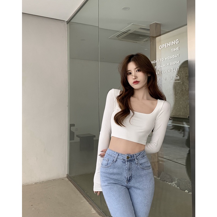 QKOOLE  Áo Thun Nữ Dài Tay Cổ Vuông Thời Trang Hàn